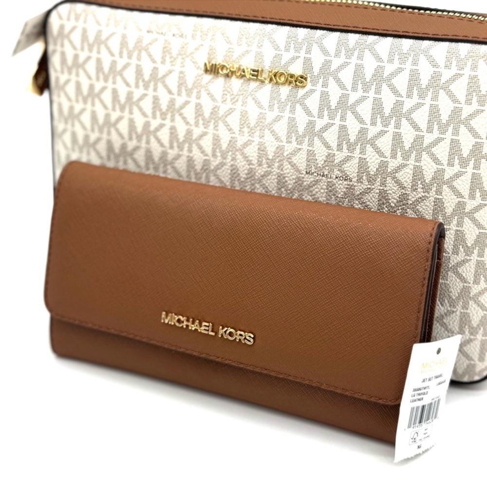 Michael Kors Large EW Crossbody Bag & Large Trifold Wallet Vanilla/Brown Set - Picture 9 of 11